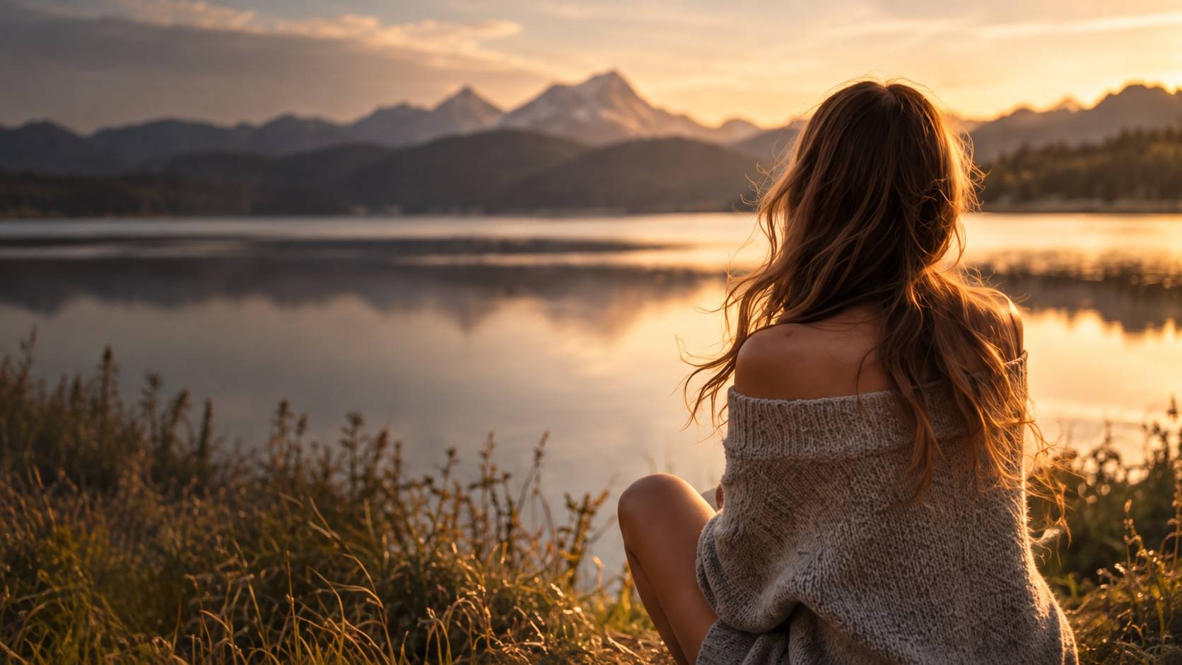 Frau mit langem Haar sitzt von hinten gesehen am Ufer eines Bergsees, warmes Abendlicht, weiche Berge im Hintergrund.